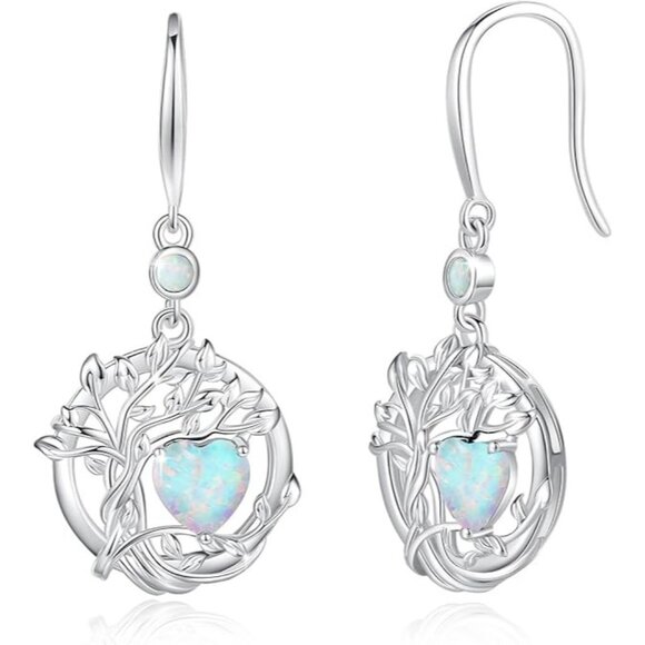 Oct.-Opal Tree of Life Dangle Drop Birthstone Silver Earrings